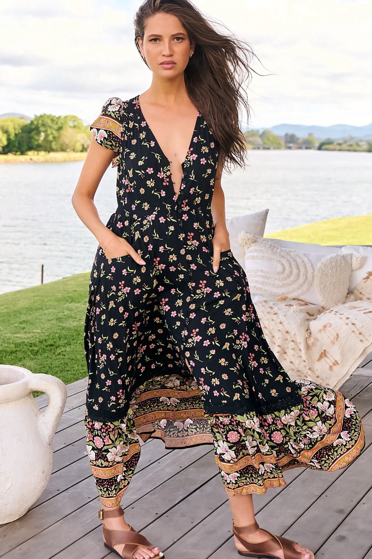 Carmen Maxi Dress - Butterfly Cap Sleeve Button Down A Line Dress with Lace Trim in Eternity Print>Jaase Discount