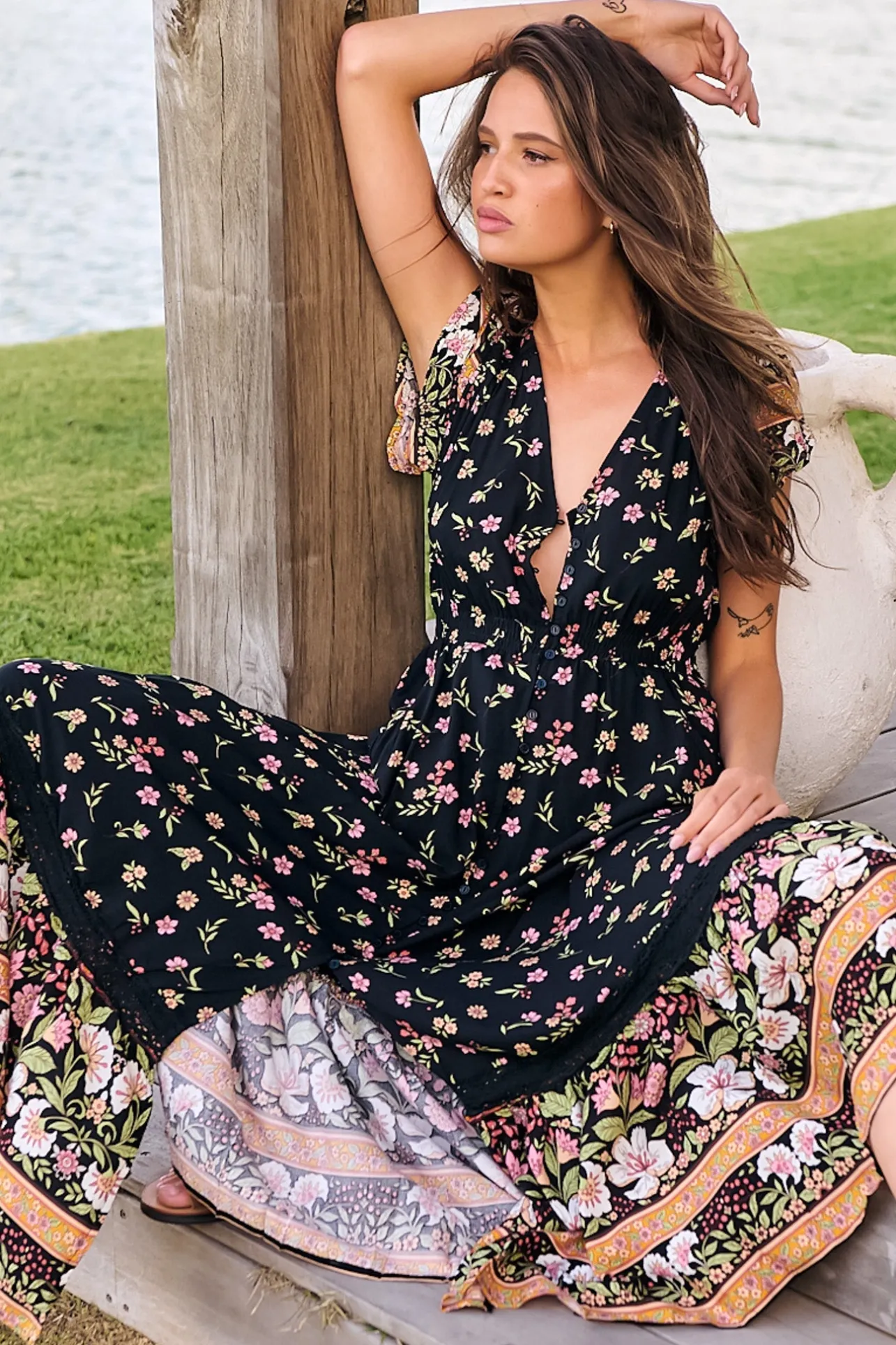 Carmen Maxi Dress - Butterfly Cap Sleeve Button Down A Line Dress with Lace Trim in Eternity Print>Jaase Discount