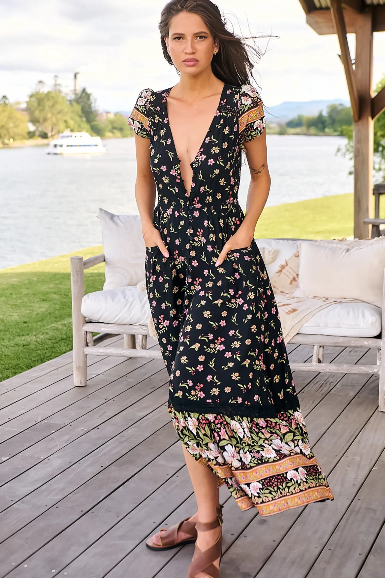 Carmen Maxi Dress - Butterfly Cap Sleeve Button Down A Line Dress with Lace Trim in Eternity Print>Jaase Discount