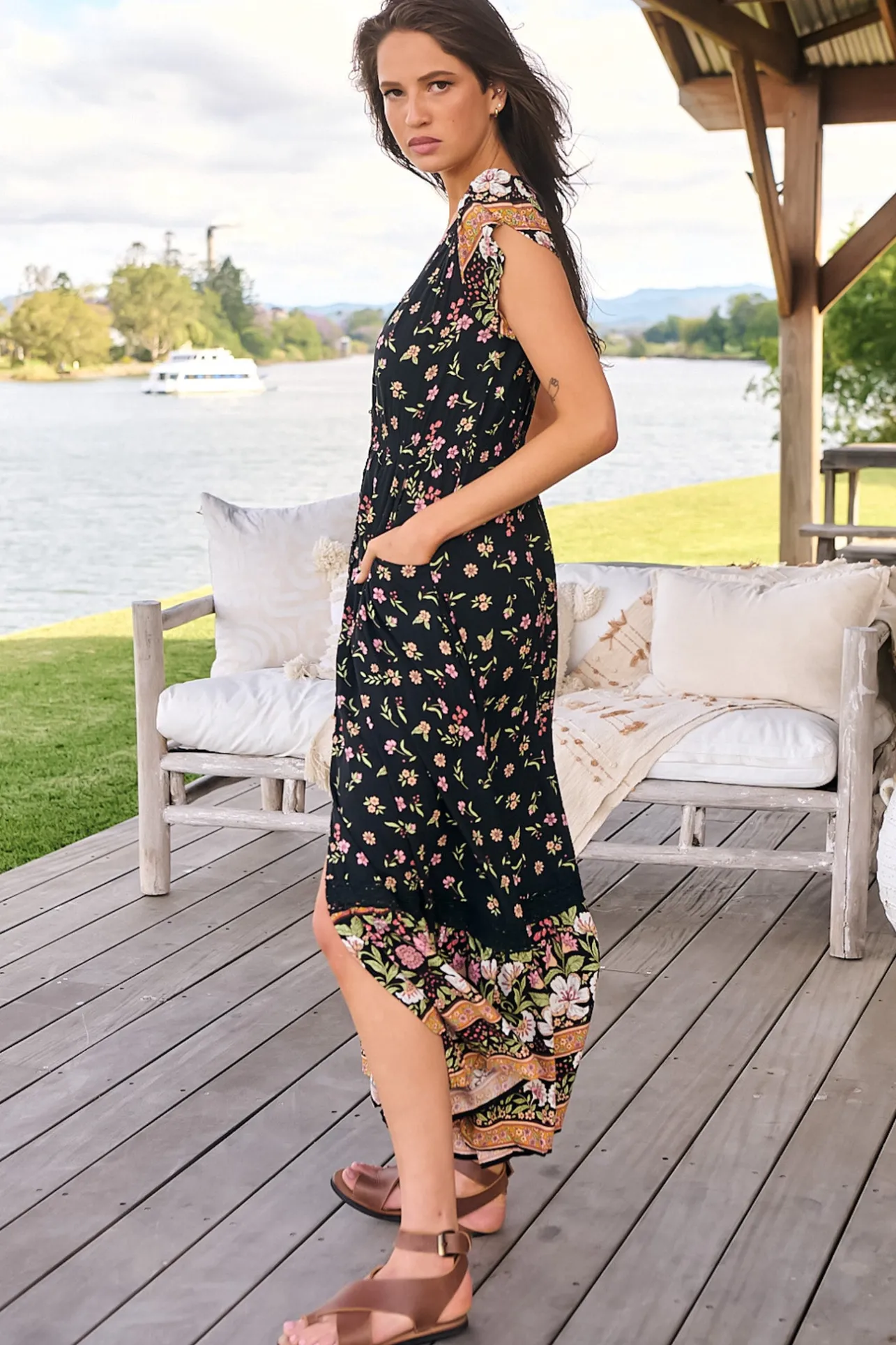 Carmen Maxi Dress - Butterfly Cap Sleeve Button Down A Line Dress with Lace Trim in Eternity Print>Jaase Discount