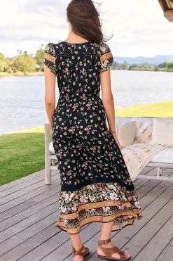 Carmen Maxi Dress - Butterfly Cap Sleeve Button Down A Line Dress with Lace Trim in Eternity Print><noscript><img width=
