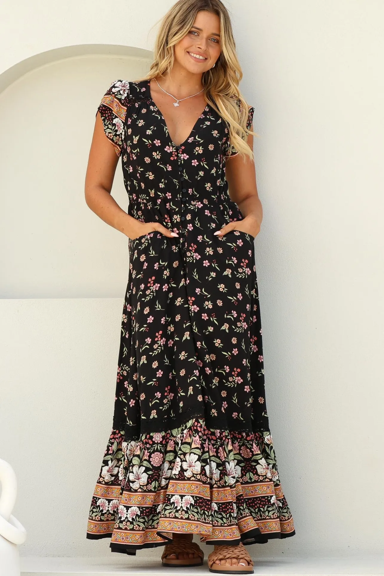 Carmen Maxi Dress - Butterfly Cap Sleeve Button Down A Line Dress with Lace Trim in Eternity Print>Jaase Discount