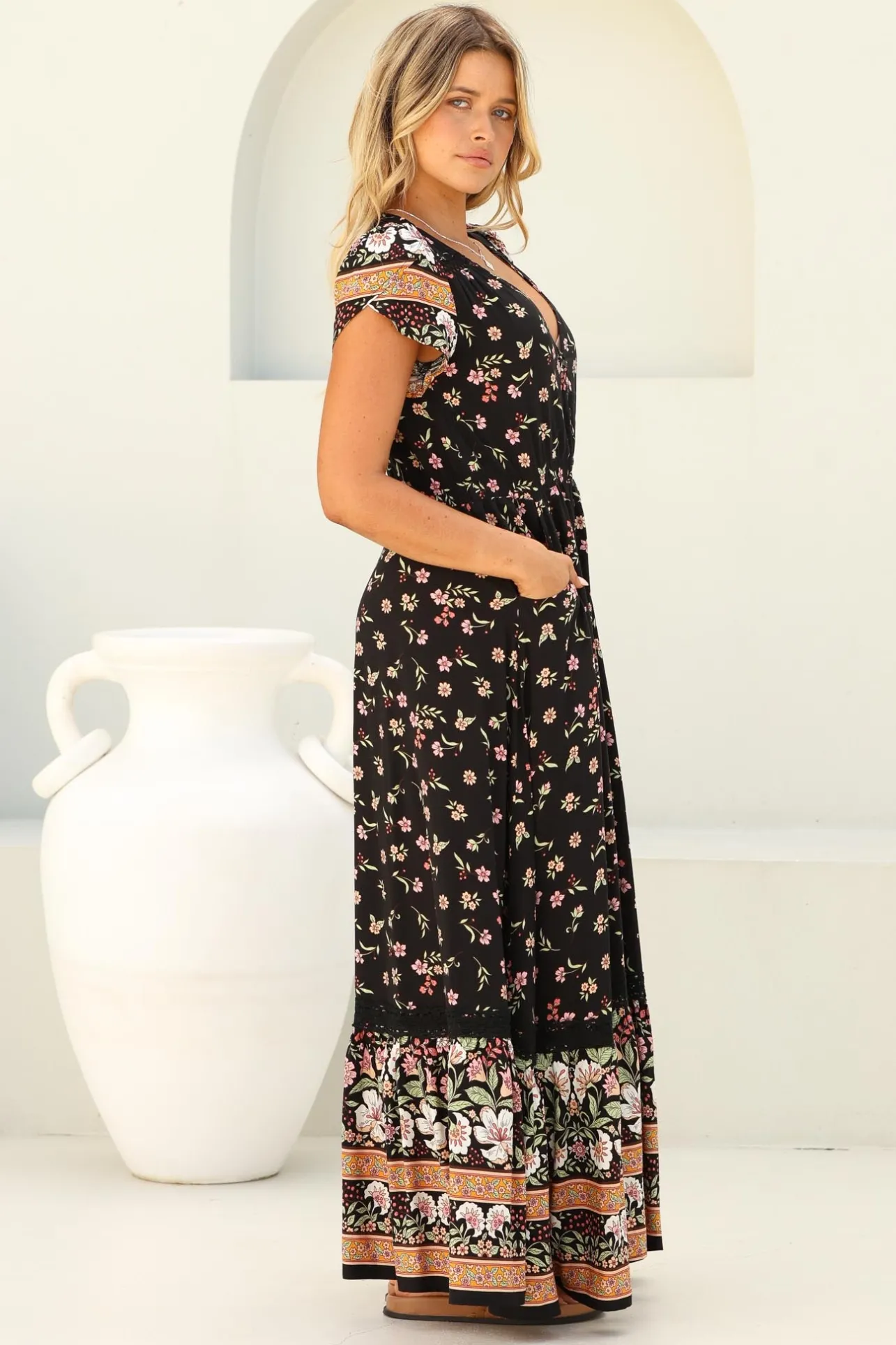 Carmen Maxi Dress - Butterfly Cap Sleeve Button Down A Line Dress with Lace Trim in Eternity Print>Jaase Discount