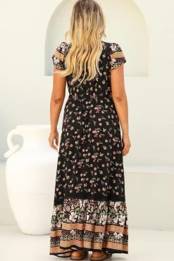 Carmen Maxi Dress - Butterfly Cap Sleeve Button Down A Line Dress with Lace Trim in Eternity Print><noscript><img width=