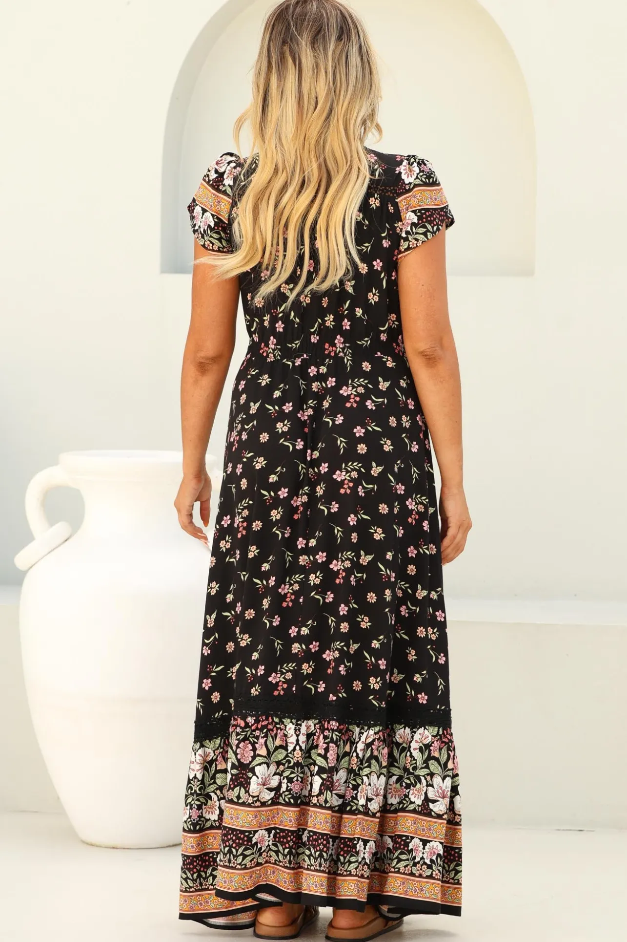 Carmen Maxi Dress - Butterfly Cap Sleeve Button Down A Line Dress with Lace Trim in Eternity Print>Jaase Discount