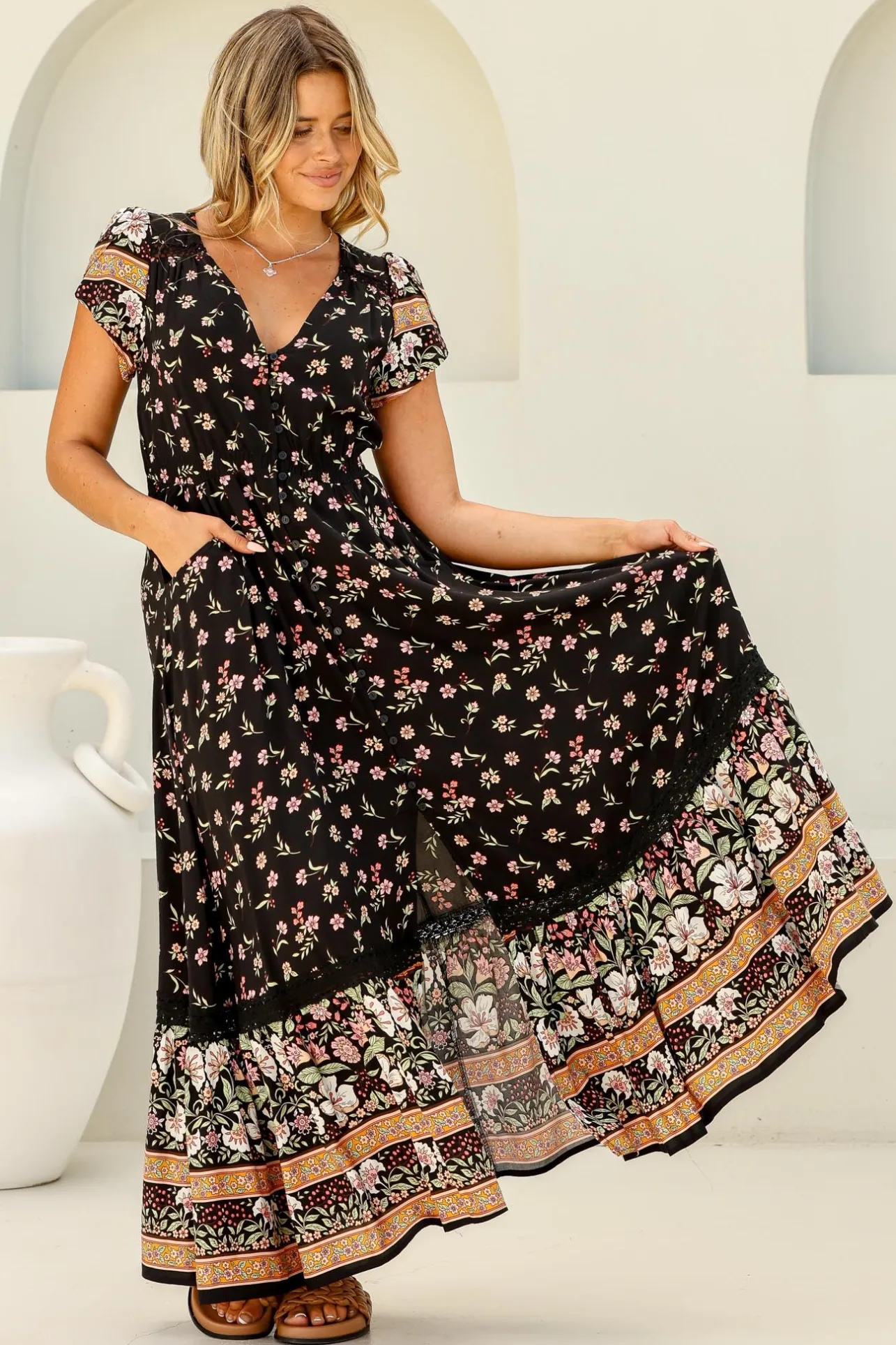 Carmen Maxi Dress - Butterfly Cap Sleeve Button Down A Line Dress with Lace Trim in Eternity Print>Jaase Discount