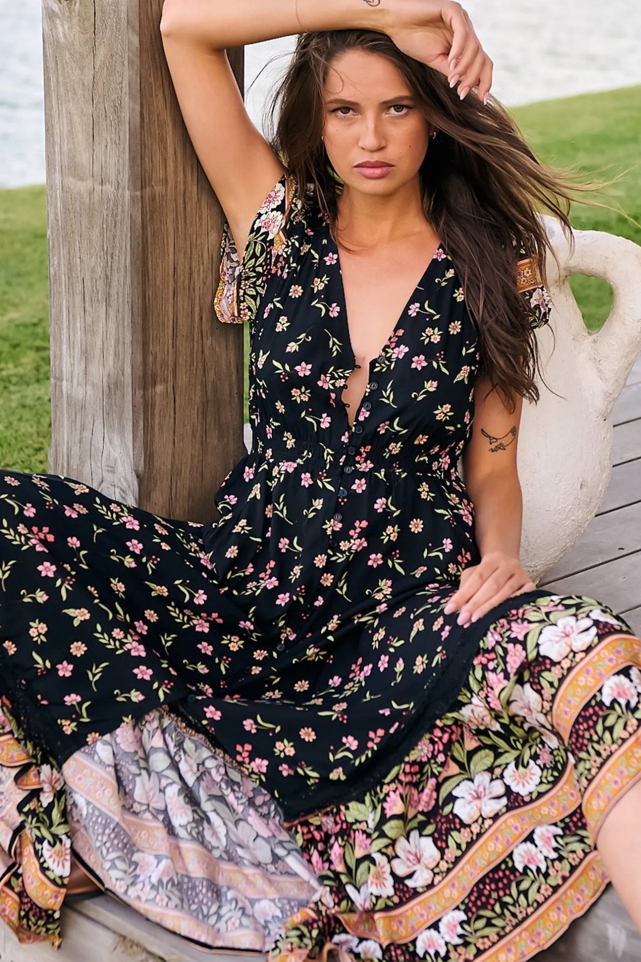 Carmen Maxi Dress - Butterfly Cap Sleeve Button Down A Line Dress with Lace Trim in Eternity Print>Jaase Discount