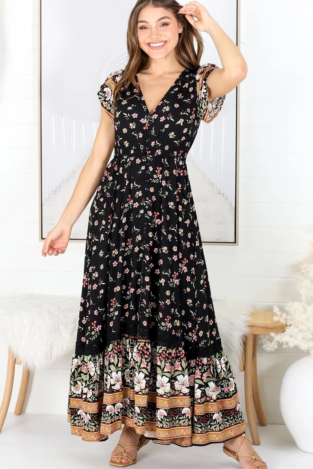 Carmen Maxi Dress - Butterfly Cap Sleeve Button Down A Line Dress with Lace Trim in Eternity Print>Jaase Discount