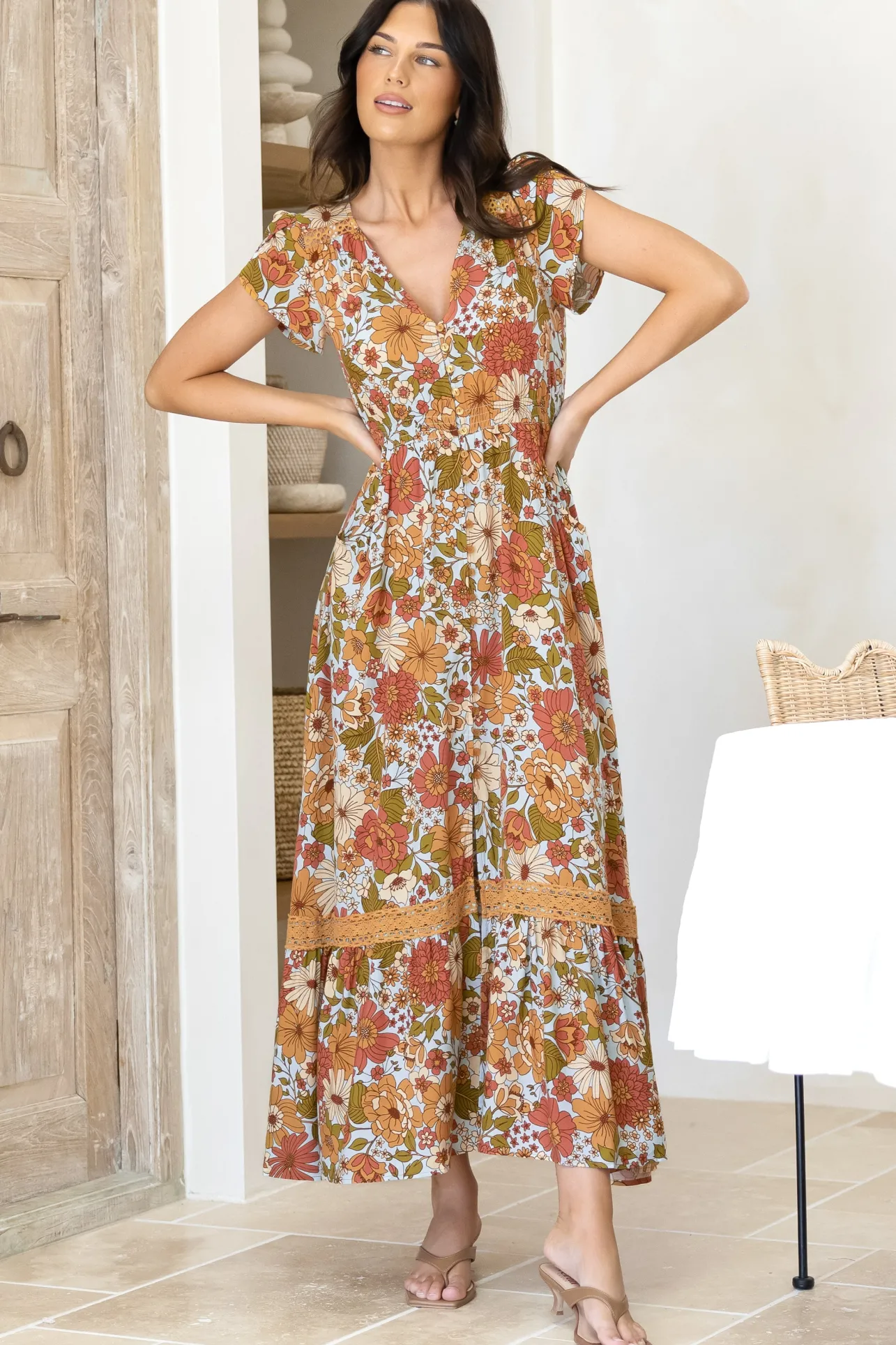 Carmen Maxi Dress: Butterfly Cap Sleeve Button Down A Line Dress with Lace Trim in Mimosa Print>Jaase Hot