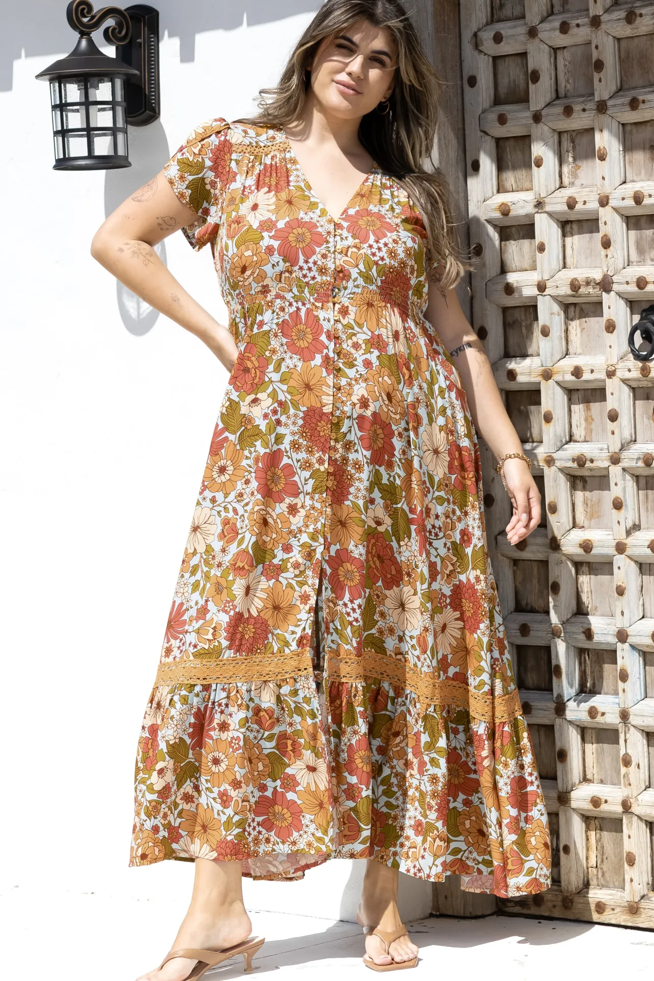 Carmen Maxi Dress: Butterfly Cap Sleeve Button Down A Line Dress with Lace Trim in Mimosa Print>Jaase Hot