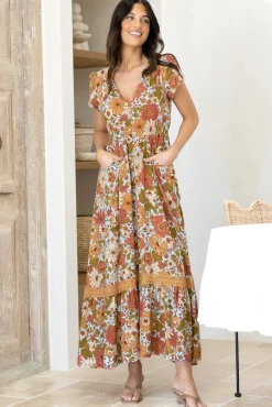 Carmen Maxi Dress: Butterfly Cap Sleeve Button Down A Line Dress with Lace Trim in Mimosa Print><noscript><img width=