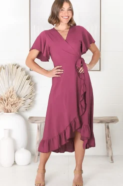 Carolina Midi Dress - V Neck Wrap Dress with Ruffle High Low Hemline in Purple><noscript><img width=