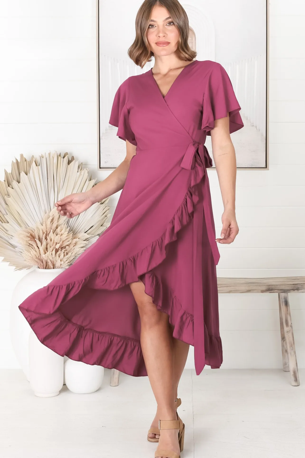 Carolina Midi Dress - V Neck Wrap Dress with Ruffle High Low Hemline in Purple>Salty Crush Outlet