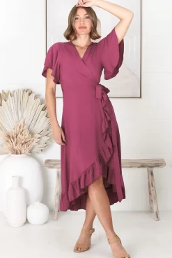 Carolina Midi Dress - V Neck Wrap Dress with Ruffle High Low Hemline in Purple><noscript><img width=