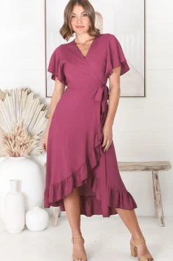 Carolina Midi Dress - V Neck Wrap Dress with Ruffle High Low Hemline in Purple><noscript><img width=