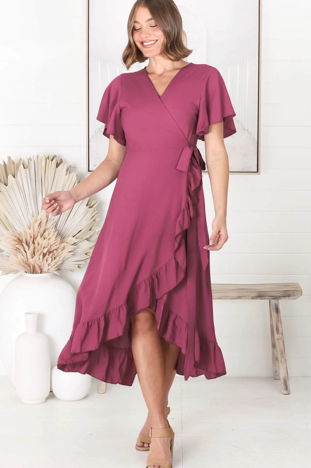 Carolina Midi Dress - V Neck Wrap Dress with Ruffle High Low Hemline in Purple>Salty Crush Outlet