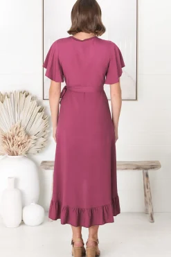 Carolina Midi Dress - V Neck Wrap Dress with Ruffle High Low Hemline in Purple><noscript><img width=