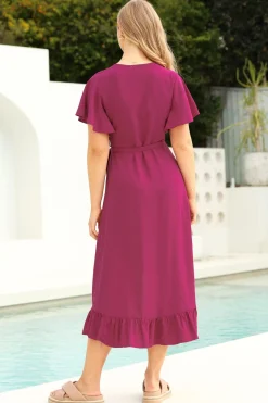 Carolina Midi Dress - V Neck Wrap Dress with Ruffle High Low Hemline in Purple><noscript><img width=
