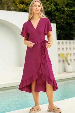 Carolina Midi Dress - V Neck Wrap Dress with Ruffle High Low Hemline in Purple><noscript><img width=