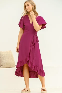 Carolina Midi Dress - V Neck Wrap Dress with Ruffle High Low Hemline in Purple><noscript><img width=