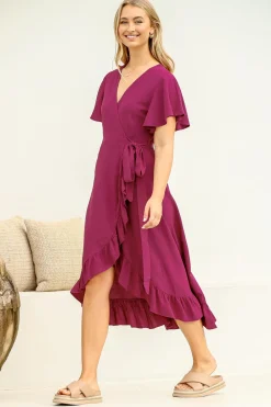 Carolina Midi Dress - V Neck Wrap Dress with Ruffle High Low Hemline in Purple><noscript><img width=