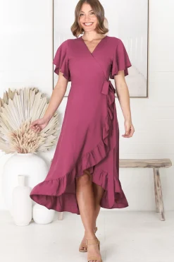 Carolina Midi Dress - V Neck Wrap Dress with Ruffle High Low Hemline in Purple><noscript><img width=