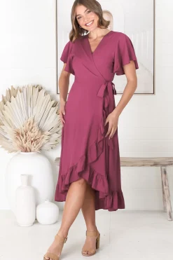 Carolina Midi Dress - V Neck Wrap Dress with Ruffle High Low Hemline in Purple><noscript><img width=