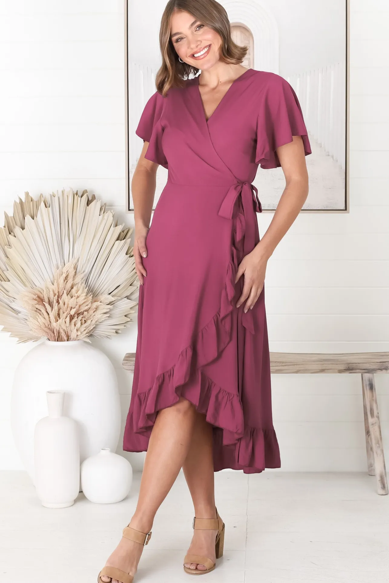 Carolina Midi Dress - V Neck Wrap Dress with Ruffle High Low Hemline in Purple>Salty Crush Outlet