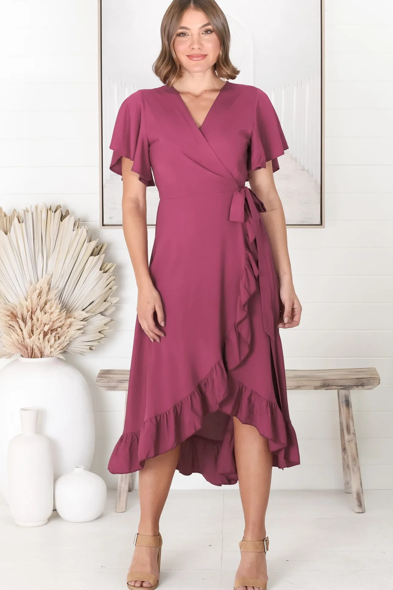 Carolina Midi Dress - V Neck Wrap Dress with Ruffle High Low Hemline in Purple>Salty Crush Outlet