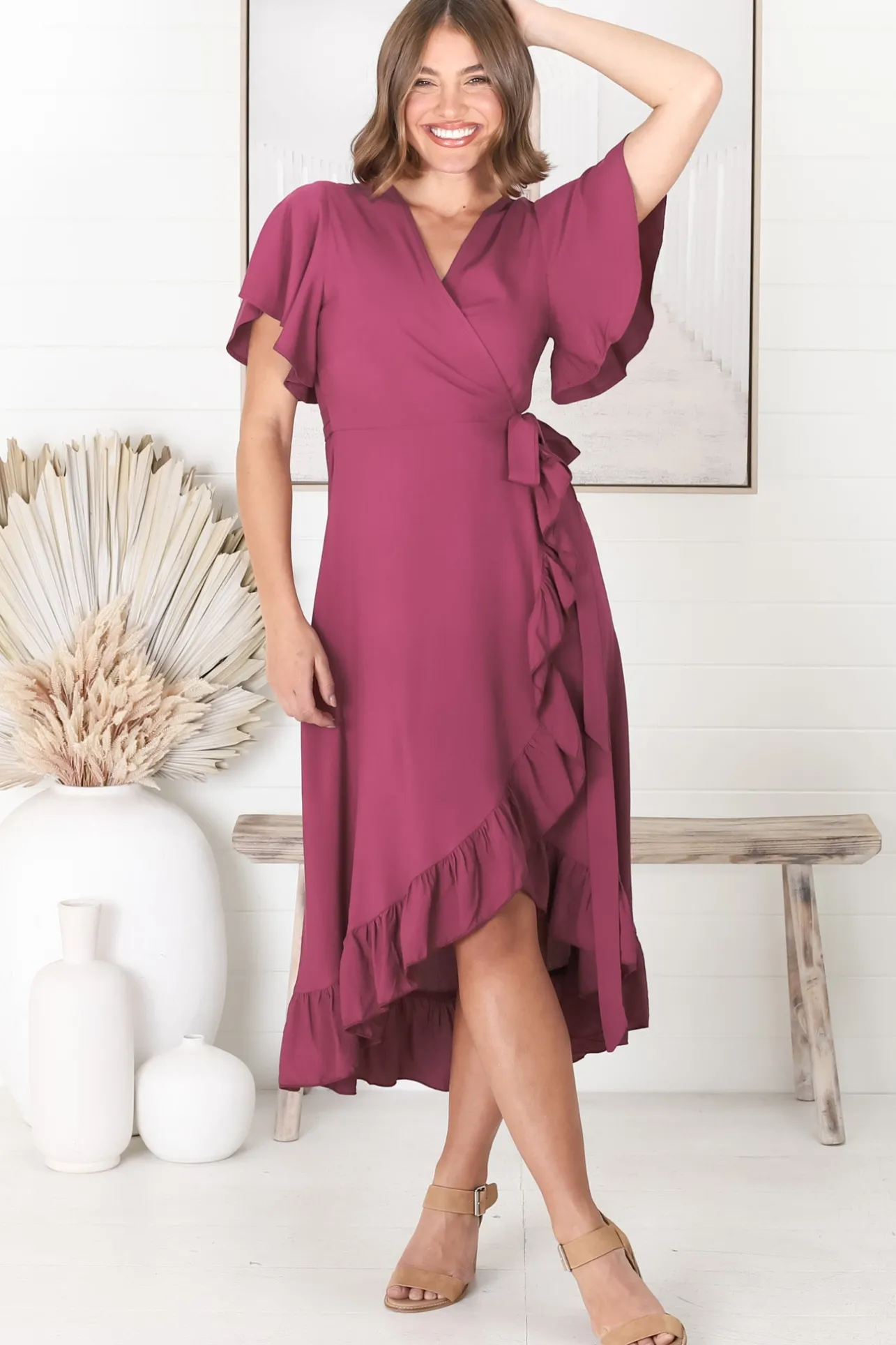 Carolina Midi Dress - V Neck Wrap Dress with Ruffle High Low Hemline in Purple>Salty Crush Outlet