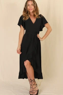 Carolina Midi Dress - V Neck Wrap Dress with Ruffle High Low Hemline in Black><noscript><img width=