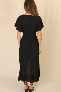 Carolina Midi Dress - V Neck Wrap Dress with Ruffle High Low Hemline in Black><noscript><img width=
