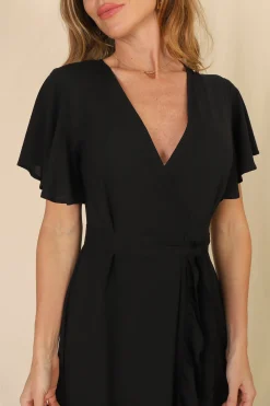 Carolina Midi Dress - V Neck Wrap Dress with Ruffle High Low Hemline in Black><noscript><img width=