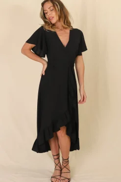 Carolina Midi Dress - V Neck Wrap Dress with Ruffle High Low Hemline in Black><noscript><img width=