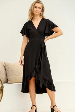 Carolina Midi Dress - V Neck Wrap Dress with Ruffle High Low Hemline in Black><noscript><img width=