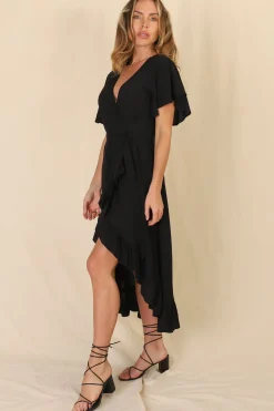 Carolina Midi Dress - V Neck Wrap Dress with Ruffle High Low Hemline in Black><noscript><img width=