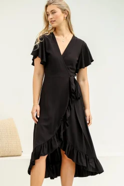 Carolina Midi Dress - V Neck Wrap Dress with Ruffle High Low Hemline in Black><noscript><img width=