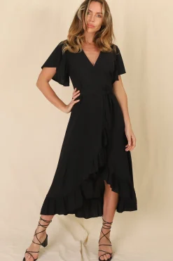 Carolina Midi Dress - V Neck Wrap Dress with Ruffle High Low Hemline in Black><noscript><img width=