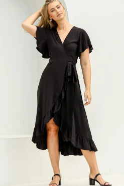 Carolina Midi Dress - V Neck Wrap Dress with Ruffle High Low Hemline in Black><noscript><img width=