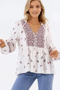 Carys Blouse - V-Neck Buttoned Bodice Pull Over Top in Wright Print Wine><noscript><img width=