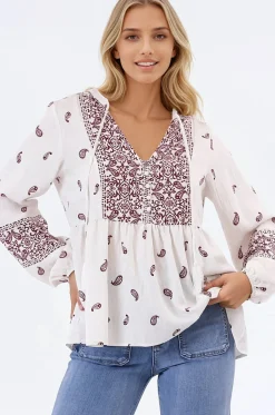 Carys Blouse - V-Neck Buttoned Bodice Pull Over Top in Wright Print Wine><noscript><img width=