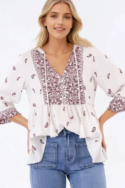 Carys Blouse - V-Neck Buttoned Bodice Pull Over Top in Wright Print Wine><noscript><img width=