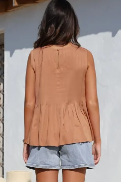 Cassidy Top - Crew Neck Sleeveless Swing Top with Pleats in Rust><noscript><img width=
