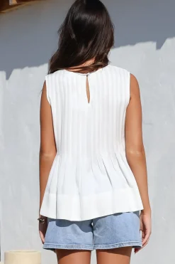 Cassidy Top - Crew Neck Sleeveless Swing Top with Pleats in White><noscript><img width=