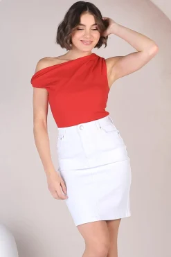 Cassie Top - Aysmmetric Neckline One Shoulder Knit Top in Red><noscript><img width=