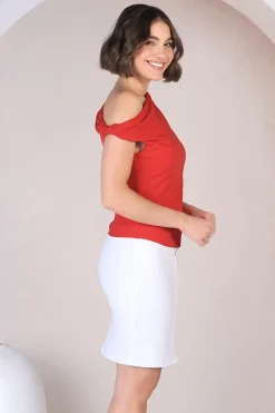 Cassie Top - Aysmmetric Neckline One Shoulder Knit Top in Red><noscript><img width=