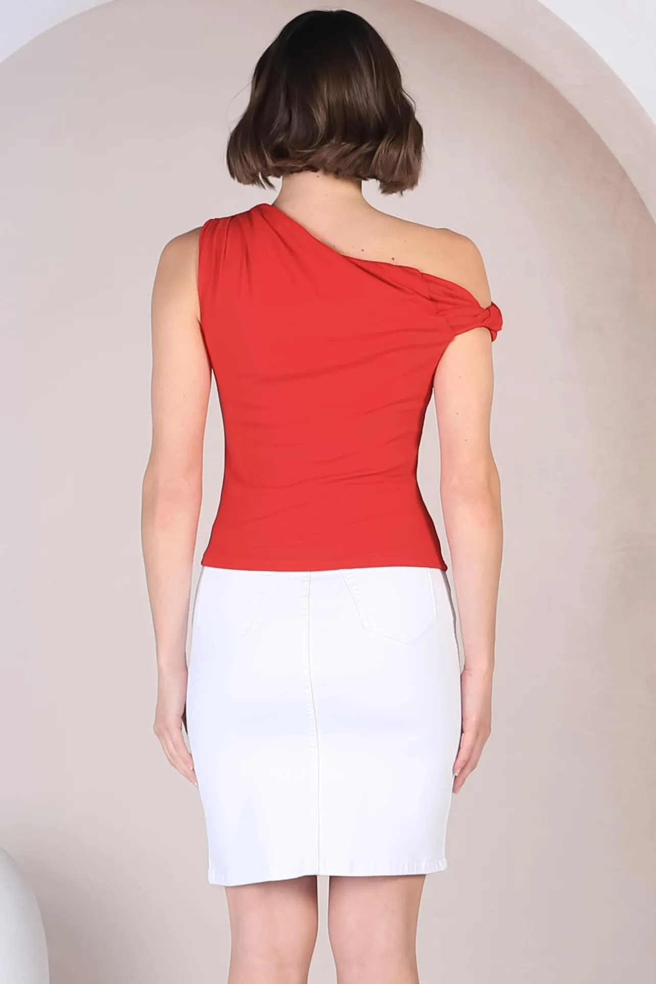Cassie Top - Aysmmetric Neckline One Shoulder Knit Top in Red>Salty Crush Clearance