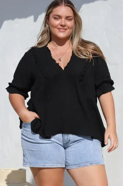 Catha Top - Frill Neckline Empire Bustline Top with Short Balloon Sleeves in Black>Salty Crush New