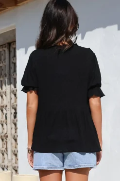 Catha Top - Frill Neckline Empire Bustline Top with Short Balloon Sleeves in Black><noscript><img width=