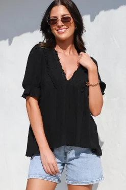 Catha Top - Frill Neckline Empire Bustline Top with Short Balloon Sleeves in Black><noscript><img width=